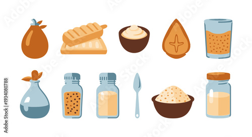 Illustrated food items and condiments in a flat design style on white