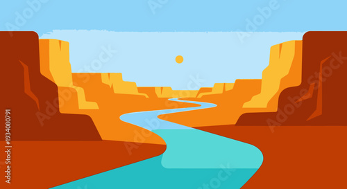 Illustrated canyon landscape with river and sun in flat vector style
