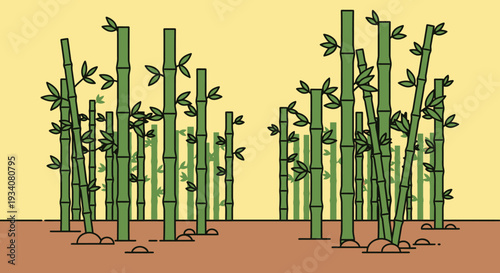 Illustrated green bamboo forest in sunlight against beige background
