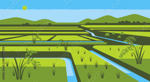 Illustrated green field landscape with mountains and clear sky under sunlight