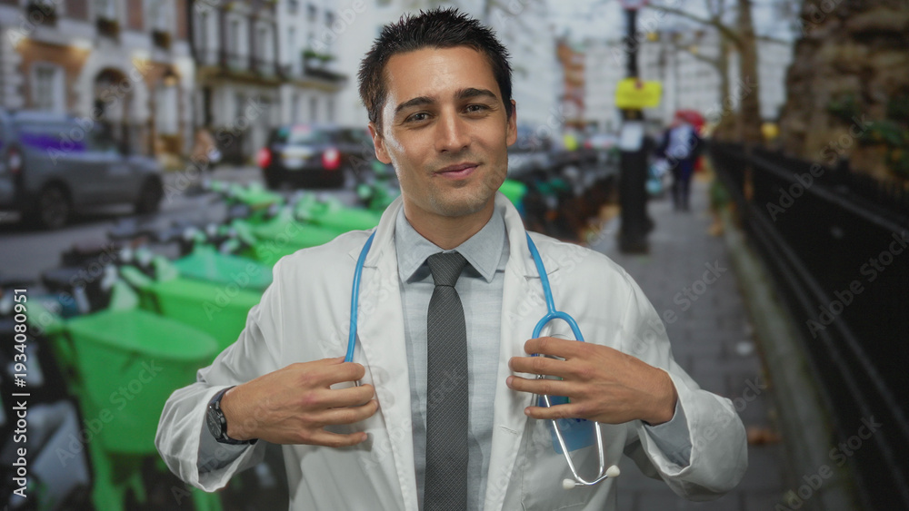 © Krakenimages.com - Young hispanic male doctor wearing a white coat and stethoscope stands confidently on a busy city street. © Krakenimages.com - Young hispanic male doctor wearing a white coat and stethoscope stands confidently on a busy city street.