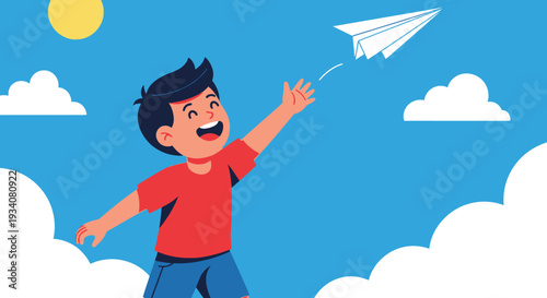 Joyful child launches paper airplane against blue sky with clouds and sun