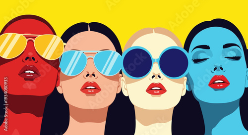 Vibrant Pop Art Illustration of Diverse Women in Stylish Sunglasses on a Yellow Background, Embodying Summer Fashion and Individuality
