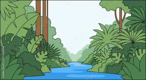 Jungle river illustration with lush green foliage and open sky space