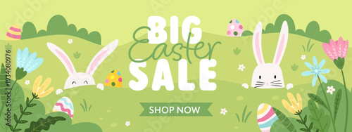 Fun hand drawn Easter design with cute bunnies, flowers and decorative elements, great as banners, wallpapers, poster - vector