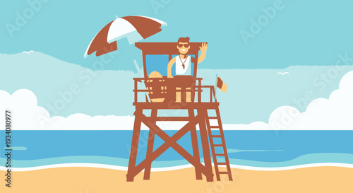 Lifeguard on duty at seaside beach under sunny skies ready for summer