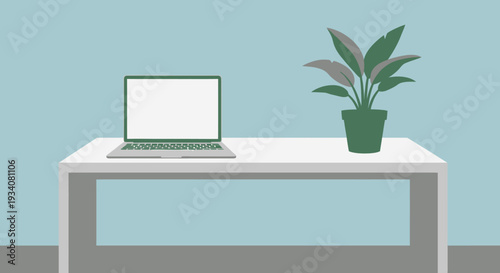 Minimalist desktop scene with laptop and houseplant against a blue background