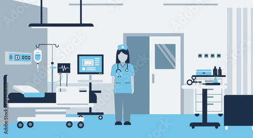 Medical professional in modern hospital room environment illustration