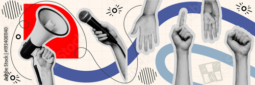 Halftone pop art dot megaphone microphone hand gesture protest announcement communication concept vector illustration