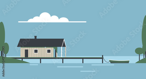 Minimalist lakeside cabin illustration with pier boat and natural landscape elements