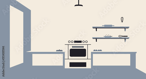 Minimalist kitchen interior illustration with cooking appliances and shelves