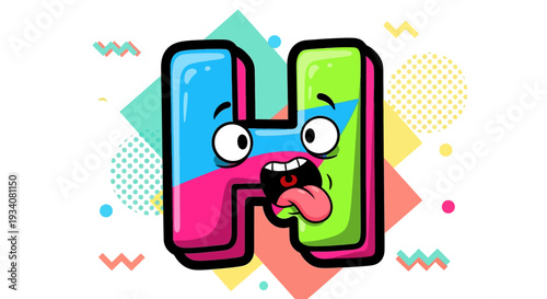 Cartoon Letter H with Surprised Face and Colorful Background