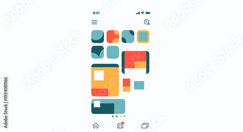 Mobile application interface design with colorful geometric icon elements