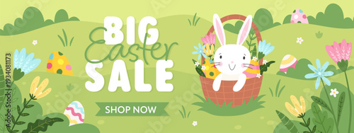 Fun hand drawn Easter design with cute bunnies, flowers and decorative elements, great as banners, wallpapers, poster - vector