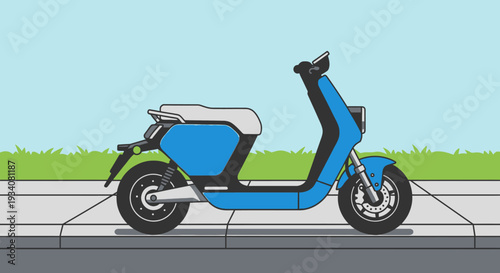 Modern blue electric scooter illustration on pavement with sky background