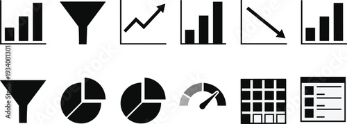 Data visualization icons set, bar chart, funnel analysis, line chart trend, pie chart, gauge speedometer, checklist task, business analytics dashboard