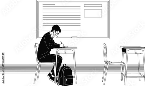 Student wearing face mask, writing at desk, classroom silhouette, socially distanced learning, education safety, modern school environment, academic study, flavector