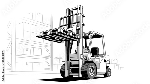 Forklift truck in a warehouse with storage racks illustration, industrial logistics concept.