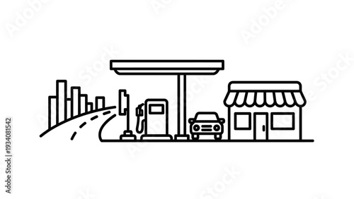 Gas Station with Convenience Store and City Skyline Line Art Icon.