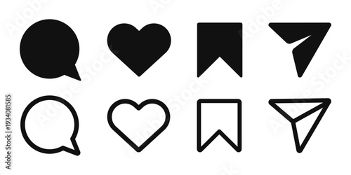 Minimal flat and outlined Social Media Interaction Icons Set - Like, Comment, Share, Save Symbols vector illustration