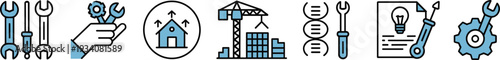 Engineering icons set, construction crane, mechanical tools, biotechnology DNA, housing growth, innovation document, gear maintenance, technical support, infrastructure development, repair