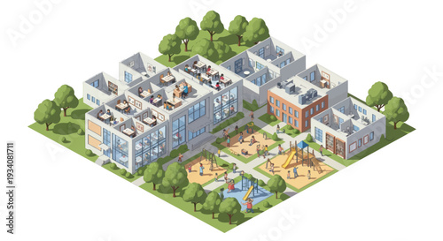 Isometric Modern School Building with Playground and Students
