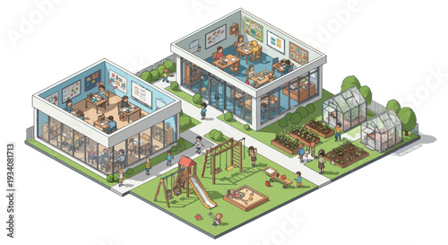 Isometric School Building with Playground, Garden, and Students Learning