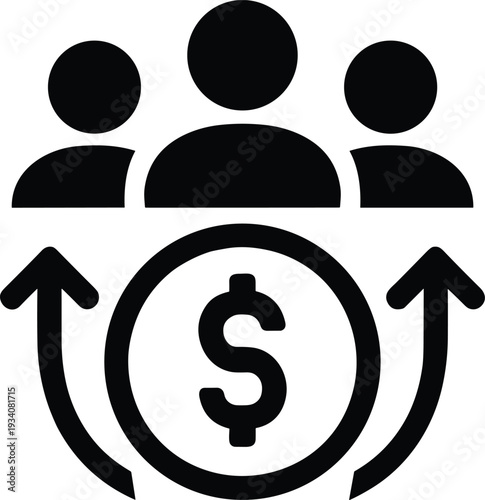Financial growth icon set, crowdfunding teamwork, investment collaboration, dollar sign symbol, economic community, upward arrows, money cycle, business funding concept