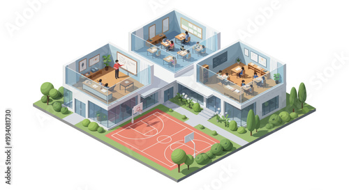 Modern School Campus Isometric View: Classrooms, Lounge, Basketball Court