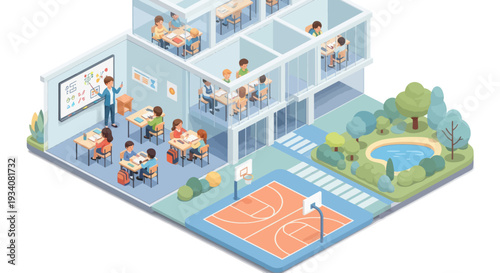 Isometric School Building with Classrooms, Students, Teacher, and Playground