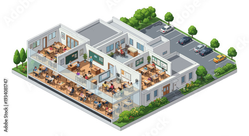 Isometric School Building Cross-Section with Classrooms, Students, and Teachers