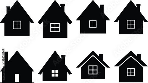 Set of eight black house silhouette icons featuring different window designs and chimney placements on a white background.