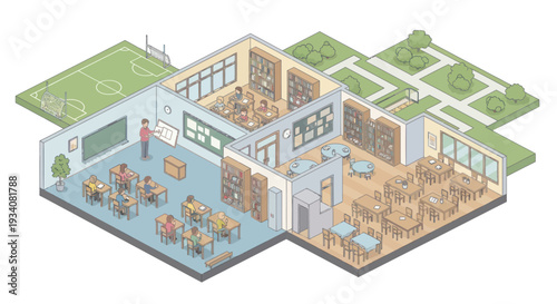 Isometric School Building with Classrooms, Library, and Sports Field
