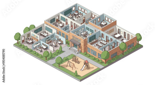 Isometric School Building Layout with Classrooms, Playground, and Students