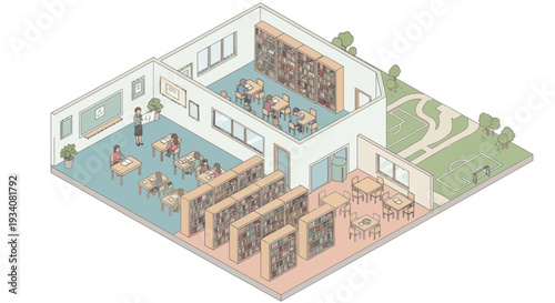 Isometric Library Interior with Students Studying and Bookshelves