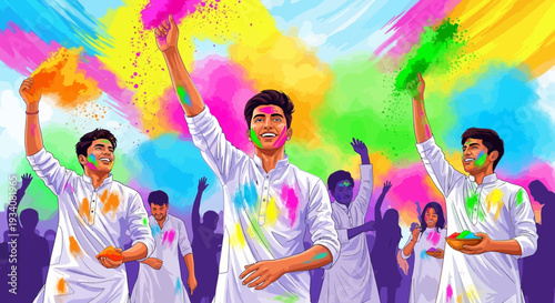 Happy Young People Celebrating Vibrant Holi Festival with Colorful Gulal Powder. Joyful Indian Tradition, Cultural Festivity and Excitement.