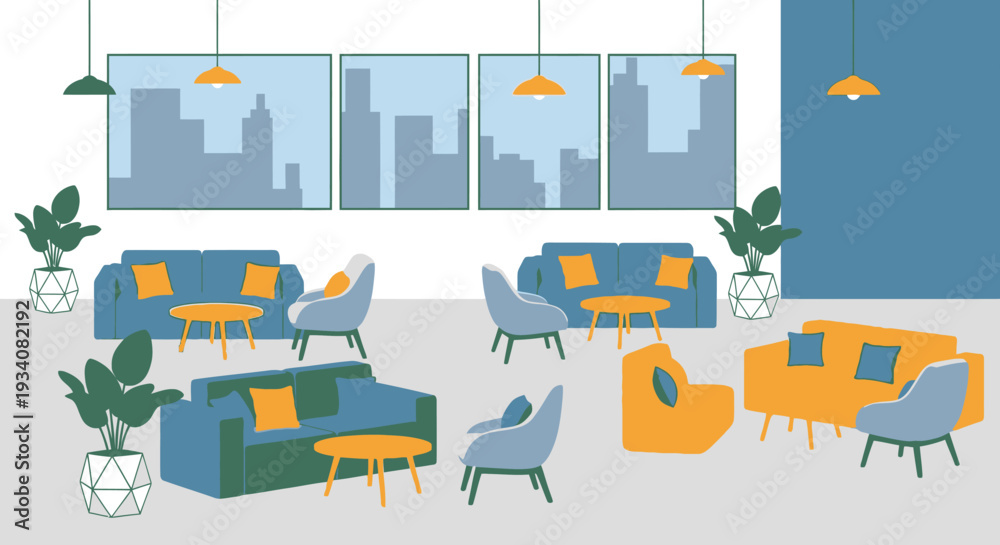 Obraz premium Modern interior design stylish living room with sofas tables plants and city view