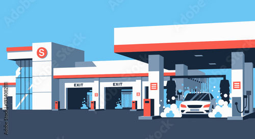 Modern car wash station illustration against blue background