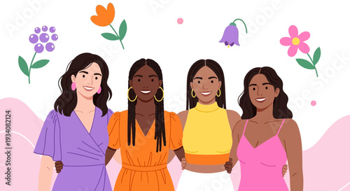 Diverse Group of Happy Women Friends Together with Floral Elements. A vibrant illustration of female empowerment, friendship, and community.