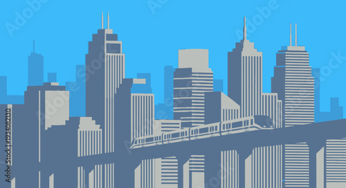 Modern cityscape with elevated train silhouettes against a blue sky