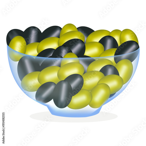 Green and Black Olives in Transparent Glass Bowl — Mediterranean Food Vector