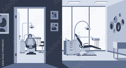 Modern dental clinic interior illustration featuring equipment and chair