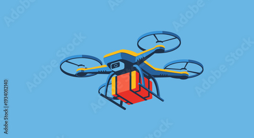 Modern drone delivering package against blue sky background