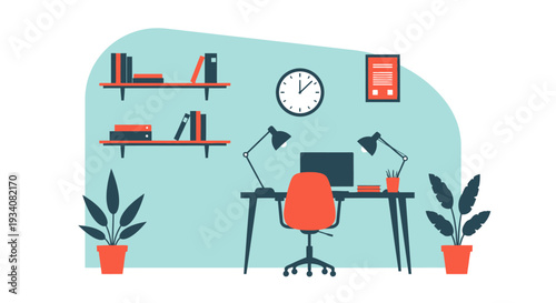 Modern home office illustration desk chair bookshelves plants clock wall decor