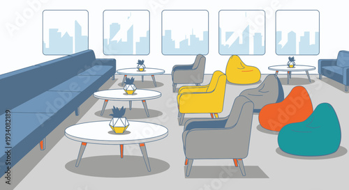 Modern interior design with colorful furniture and city view background