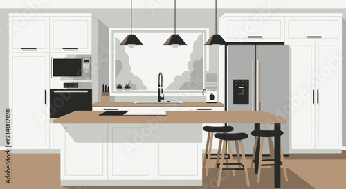 Modern kitchen interior with island cabinets and appliances illustration