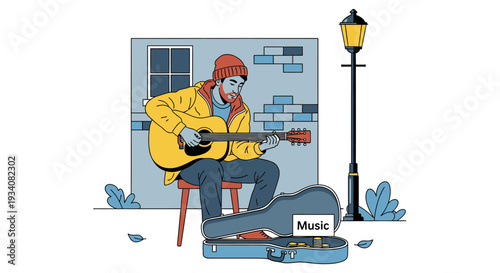 Musician playing guitar outdoors vector illustration street performance concept