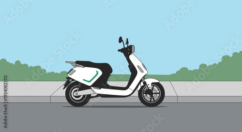 Modern white electric scooter on city sidewalk against blue sky