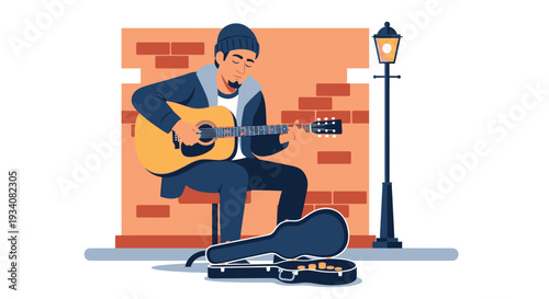 Musician playing guitar outdoors vector illustration for music related projects