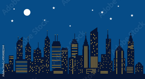 Nighttime cityscape silhouette with illuminated buildings under starry sky vector